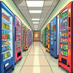 An image of a school hallway filled with vending machines stocked with healthy snacks and drinks for students to grab between classes